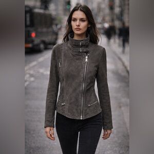 NWT All Saints Women's Granite Grey Suede Bales Biker Jacket - Size 10.